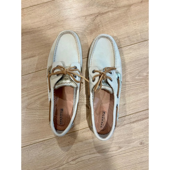 Sperry Shoes - Sperry Top-Sider Angfish Boat Shoes 10 Cream Gold Leather Mesh Loafers Womens